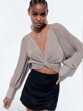 Zara Pleated Twist Front Blousy Cropped Top